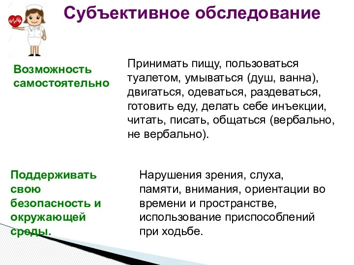 Поддерживать свою безопасность и окружающей среды. Нарушения зрения, слуха, памяти,