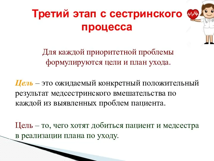 Для каждой приоритетной проблемы формулируются цели и план ухода. Цель – это ожидаемый