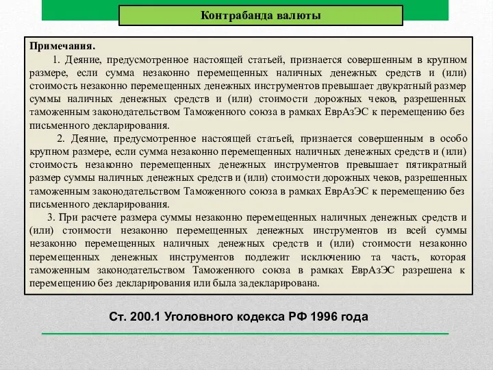 Контрабанда валюты Примечания. 1. Деяние, предусмотренное настоящей статьей, признается совершенным