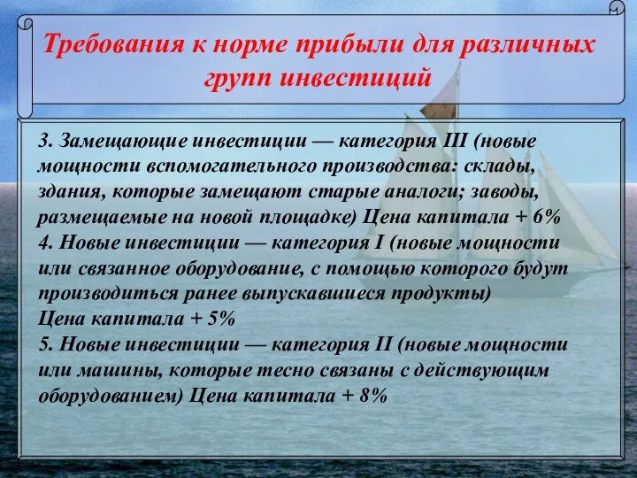 Требования к норме прибыли для различных групп инвестиций 3. Замещающие