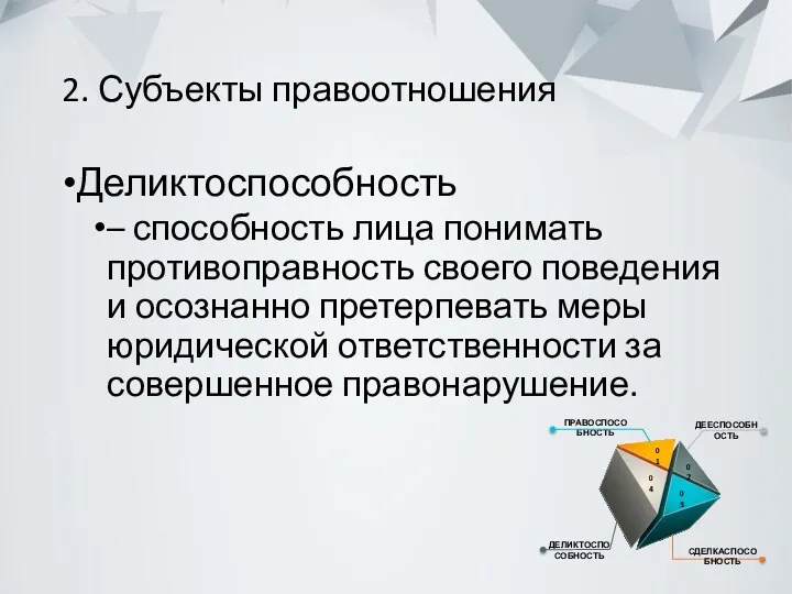 2. Субъекты правоотношения Деликтоспособность – способность лица понимать противоправность своего