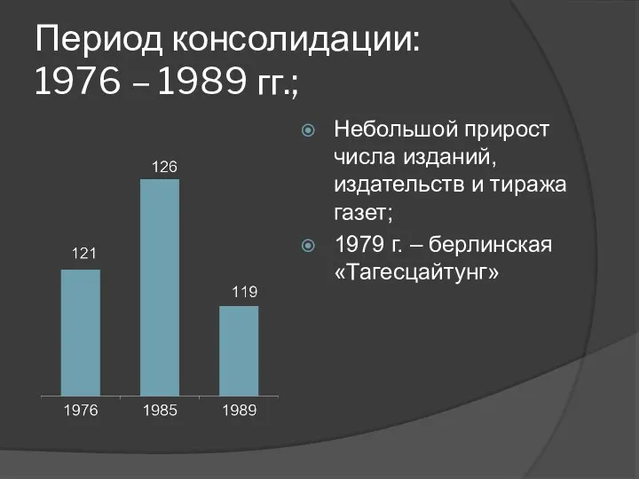 Период консолидации: 1976 – 1989 гг.; Небольшой прирост числа изданий,