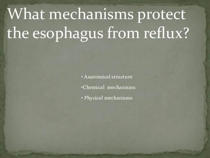 What mechanisms protect the esophagus from reflux? Anatomical structure Chemical mechanisms Physical mechanisms