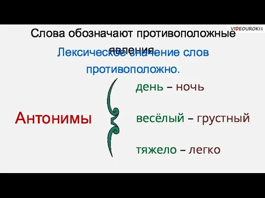 Слова обозначают противоположные явления. день – ночь весёлый – грустный