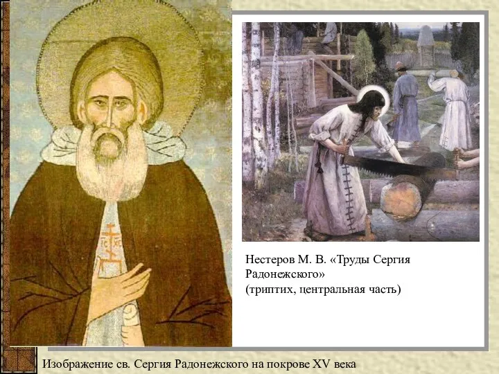 Изображение св. Сергия Радонежского на покрове XV века Нестеров М.