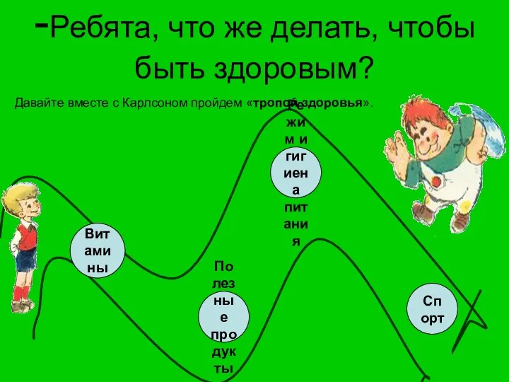 -Ребята, что же делать, чтобы быть здоровым? Давайте вместе с Карлсоном пройдем «тропой