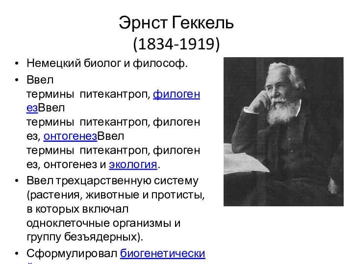 Эрнст Геккель (1834-1919) Немецкий биолог и философ. Ввел термины питекантроп, филогенезВвел термины питекантроп,