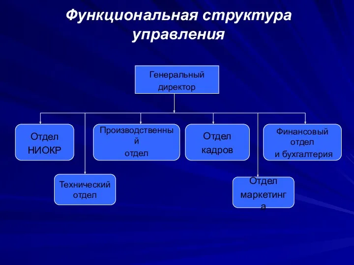 Функциональная структура управления Генеральный директор Отдел НИОКР Производственный отдел Технический