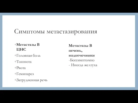 Симптомы метастазирования Метастазы В ЦНС Головная боль Тошнота Рвота Гемипарез