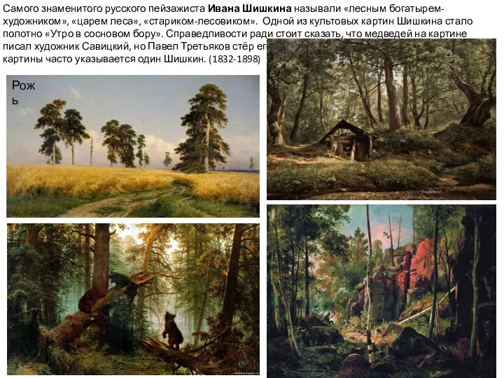 Самого знаменитого русского пейзажиста Ивана Шишкина называли «лесным богатырем-художником», «царем леса», «стариком-лесовиком». Одной
