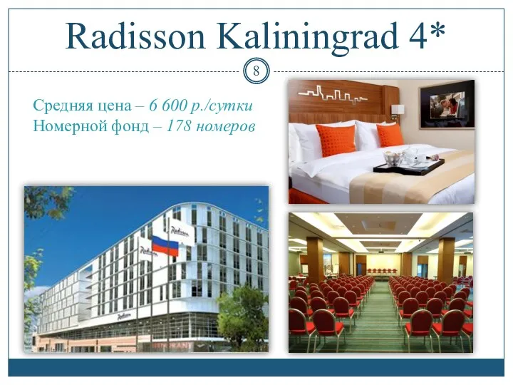Radisson Kaliningrad 4* Средняя цена – 6 600 р./сутки Номерной фонд – 178 номеров