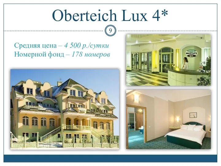 Oberteich Lux 4* Средняя цена – 4 500 р./сутки Номерной фонд – 178 номеров