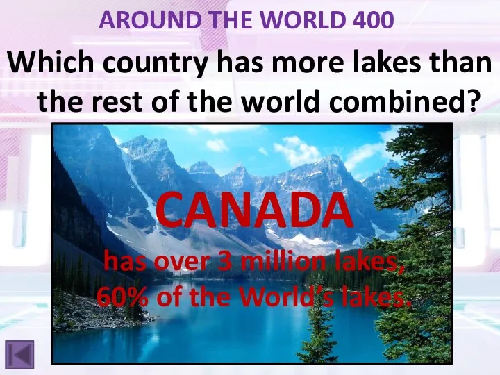 AROUND THE WORLD 400 Which country has more lakes than
