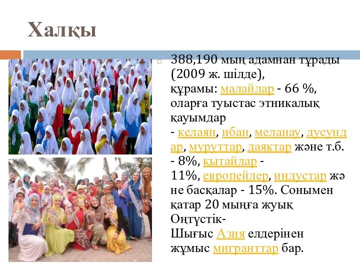 Халқы 388,190 мың адамнан тұрады (2009 ж. шілде), құрамы: малайлар