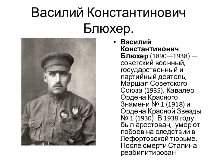 Василий Константинович Блюхер. Василий Константинович Блюхер (1890—1938) — советский военный, государственный и партийный