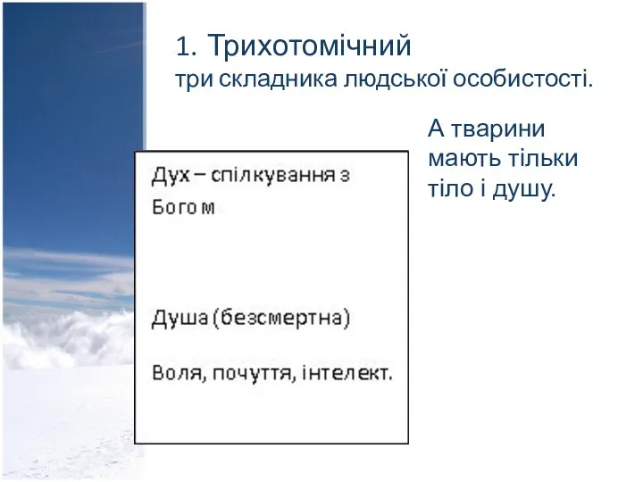 1. Трихотомічний три складника людської особистості. А тварини мають тільки тіло і душу.