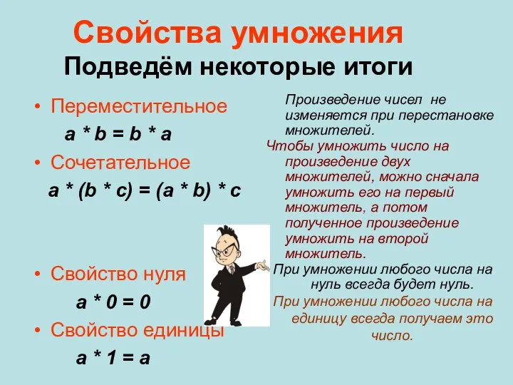 Свойства умножения Подведём некоторые итоги Переместительное a * b =