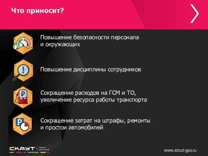 www.scout-gps.ru Что приносит? Повышение безопасности персонала и окружающих Повышение дисциплины
