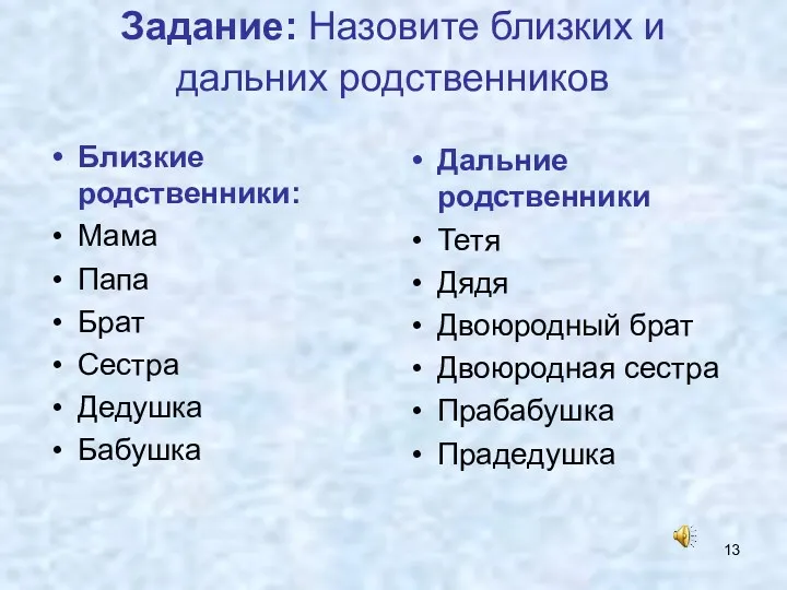 Задание: Назовите близких и дальних родственников Близкие родственники: Мама Папа Брат Сестра Дедушка