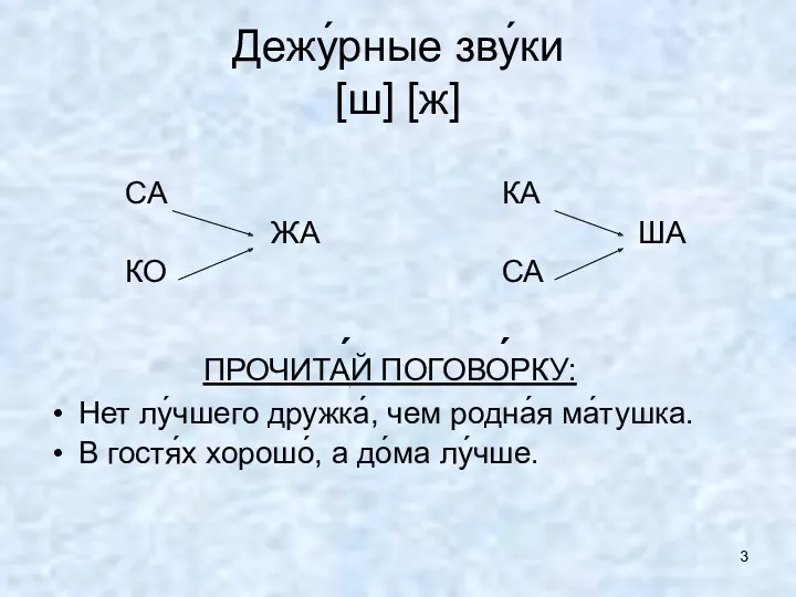 Дежу́рные зву́ки [ш] [ж] СА КА ЖА ША КО СА ПРОЧИТА́Й ПОГОВО́РКУ: Нет