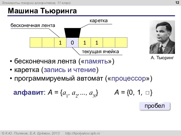 Машина Тьюринга алфавит: A = {a1, a2,…, aN} A =