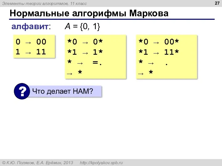 Нормальные алгорифмы Маркова 0 → 00 1 → 11 алфавит: