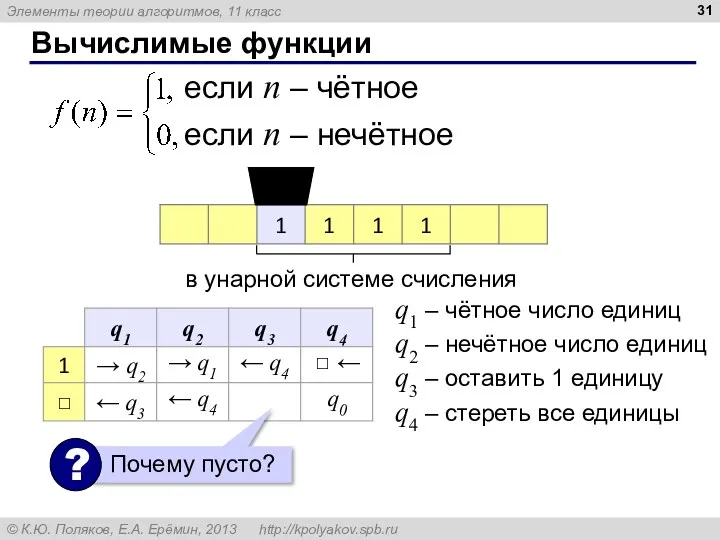 Вычислимые функции q1 – чётное число единиц q2 – нечётное