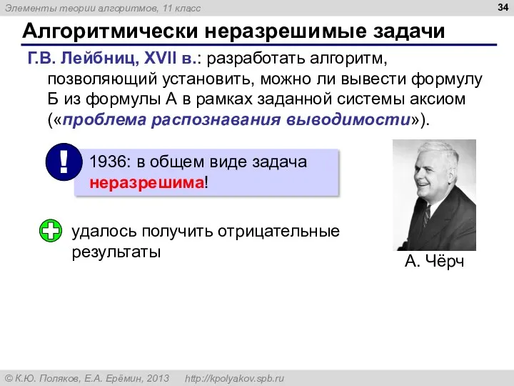 Алгоритмически неразрешимые задачи Г.В. Лейбниц, XVII в.: разработать алгоритм, позволяющий