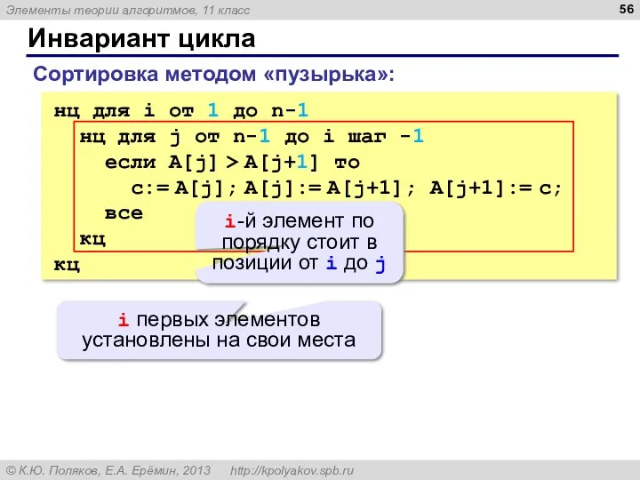 Инвариант цикла Сортировка методом «пузырька»: нц для i от 1