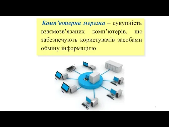 Комп’ютерна мережа – сукупність взаємозв’язаних комп’ютерів, що забезпечують користувачів засобами обміну інформацією