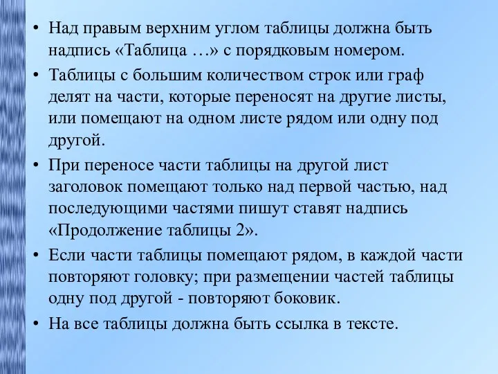 Над правым верхним углом таблицы должна быть надпись «Таблица …»