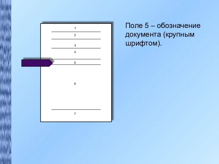1 2 3 4 5 6 7 Поле 5 – обозначение документа (крупным шрифтом).
