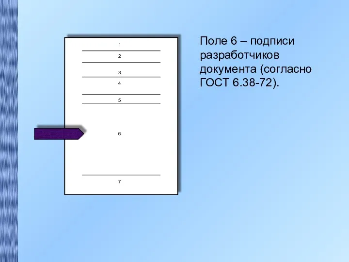 1 2 3 4 5 6 7 Поле 6 – подписи разработчиков документа (согласно ГОСТ 6.38-72).