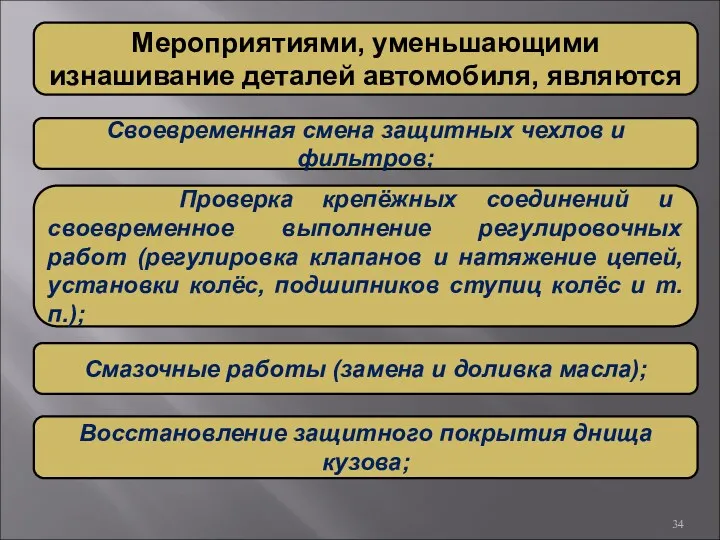 Мероприятиями, уменьшающими изнашивание деталей автомобиля, являются Своевременная смена защитных чехлов