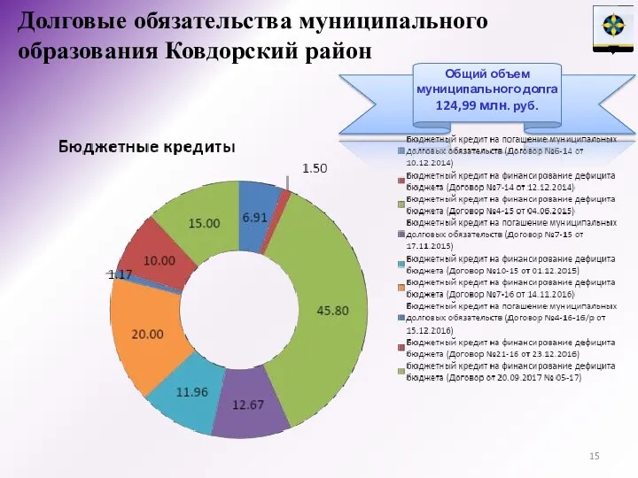 Долговые обязательства муниципального образования Ковдорский район Общий объем муниципального долга 124,99 млн. руб.