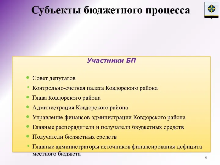 Субъекты бюджетного процесса Участники БП Совет депутатов Контрольно-счетная палата Ковдорского