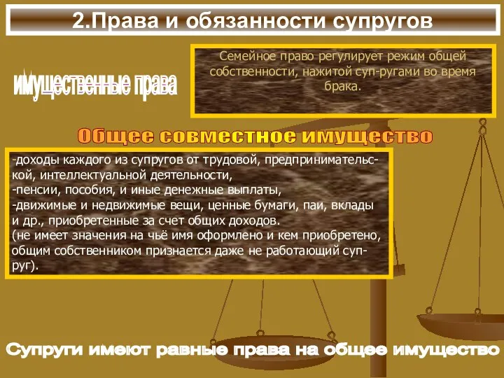 2.Права и обязанности супругов имущественные права Семейное право регулирует режим