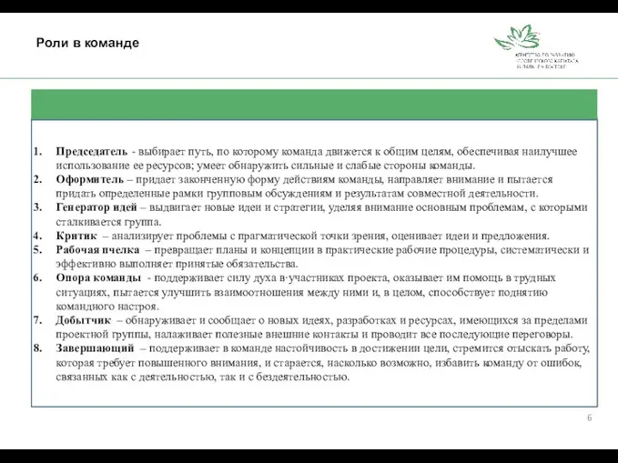 Роли в команде 6 Председатель - выбирает путь, по которому