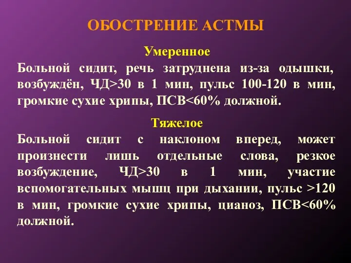 ОБОСТРЕНИЕ АСТМЫ Умеренное Больной сидит, речь затруднена из-за одышки, возбуждён,