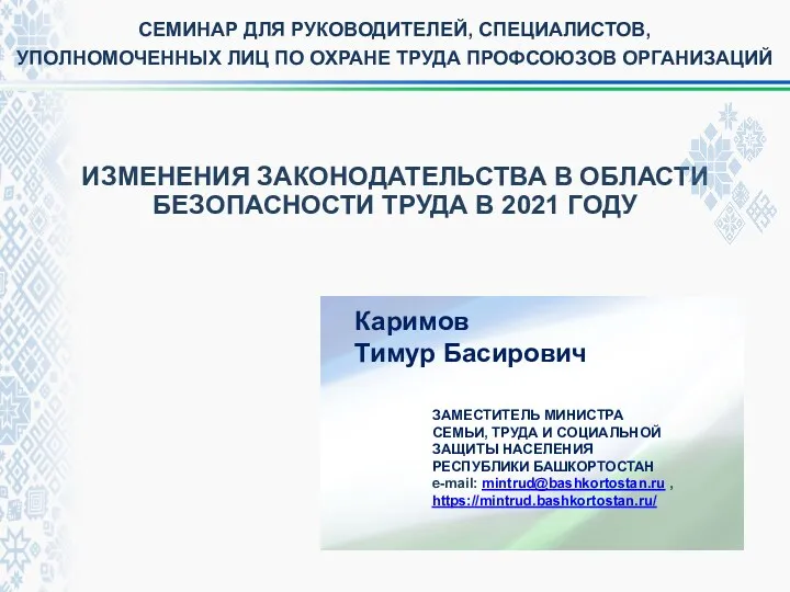 ЗАМЕСТИТЕЛЬ МИНИСТРА СЕМЬИ, ТРУДА И СОЦИАЛЬНОЙ ЗАЩИТЫ НАСЕЛЕНИЯ РЕСПУБЛИКИ БАШКОРТОСТАН