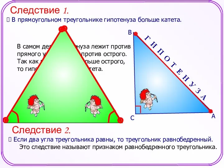 Следствие 2. Если два угла треугольника равны, то треугольник равнобедренный.