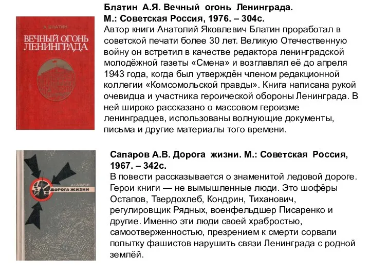 Блатин А.Я. Вечный огонь Ленинграда. М.: Советская Россия, 1976. – 304с. Автор книги