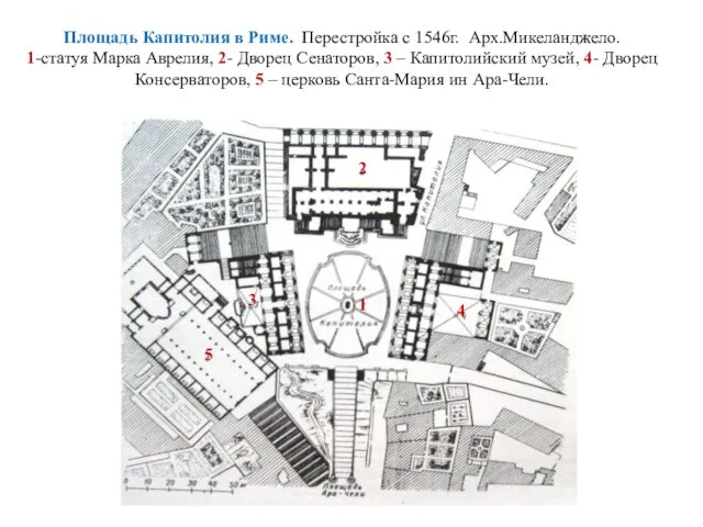 Площадь Капитолия в Риме. Перестройка с 1546г. Арх.Микеланджело. 1-статуя Марка