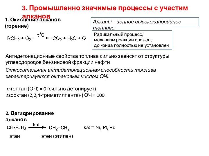 1. Окисление алканов (горение) Радикальный процесс; механизм реакции сложен, до