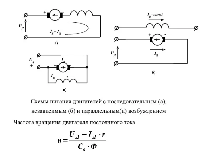 Схемы питания двигателей с последовательным (а), независимым (б) и параллельным(и)