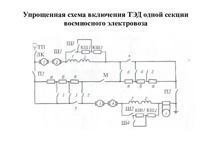 Упрощенная схема включения ТЭД одной секции восмиосного электровоза