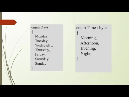 enum Days { Monday, Tuesday, Wednesday, Thursday, Friday, Saturday, Sunday } enum Time