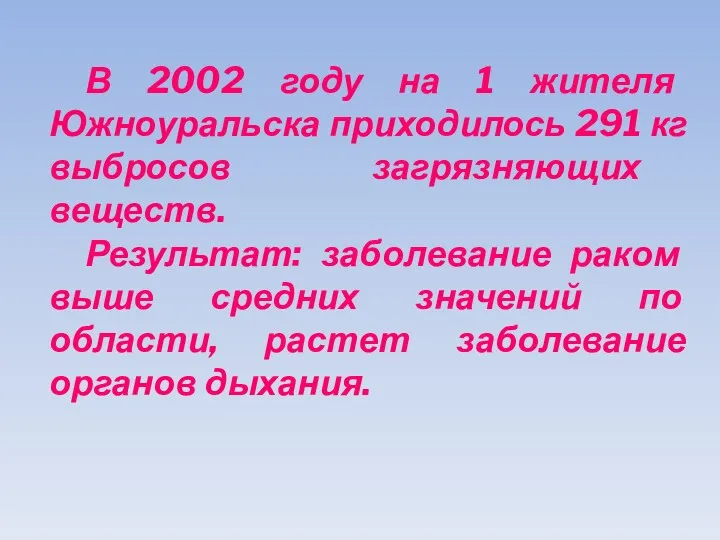 В 2002 году на 1 жителя Южноуральска приходилось 291 кг