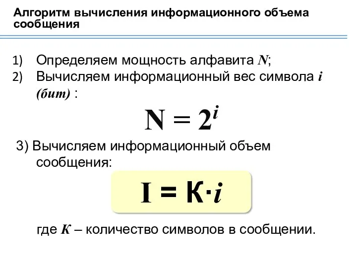 Алгоритм вычисления информационного объема сообщения Определяем мощность алфавита N; Вычисляем информационный вес символа