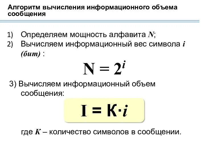 Алгоритм вычисления информационного объема сообщения Определяем мощность алфавита N; Вычисляем